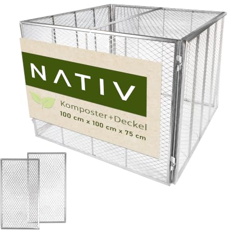 NATIV Garten Komposter 100x100x75 cm mit Deckel, Metallkomposter mit 750 Liter Volumen, Drahtkomposter für eigenen Kompost, Metall Komposter als Kompostsieb nutzbar (Silber + Deckel, 750 Liter)