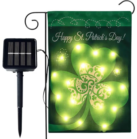 Bandiera a forma di trifoglio verde per il giorno di San Patrizio, 30,5 x 45,7 cm, luci solari da giardino con 8 modalità di illuminazione, trifoglio su entrambi i lati, per patio, prato, portico di