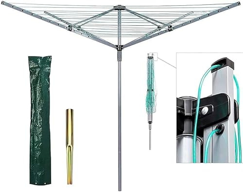 RHMM Heavy Duty Rotary Clothes Line 60M 4 Arm Folding Outdoor Washing Line with Ground Spike, Portable Garden Airer Dryer Rack for Laundry & Home