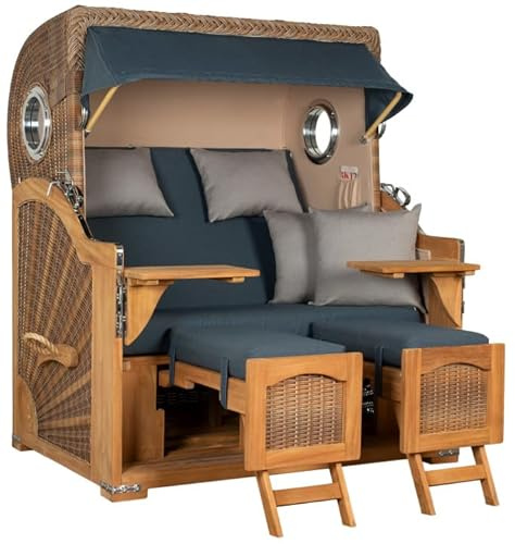 MR. DEKO Strandkorb XXL Komplett-Set Düne Grande Teak-Holz | 2,5-Sitzer Volllieger 142cm inkl. Lifter-System & Rollen und Abdeckung | PE-Geflecht Banana Dessin 593 | 2 Bullaugen | Strandkorb-Set