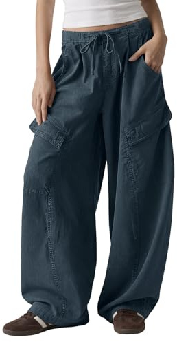 Fisoew Pantaloni da donna Baggy Y2K in vita elasticizzata, pantaloni cargo con coulisse e tasche, casual, larghi pantaloni, grigio., L