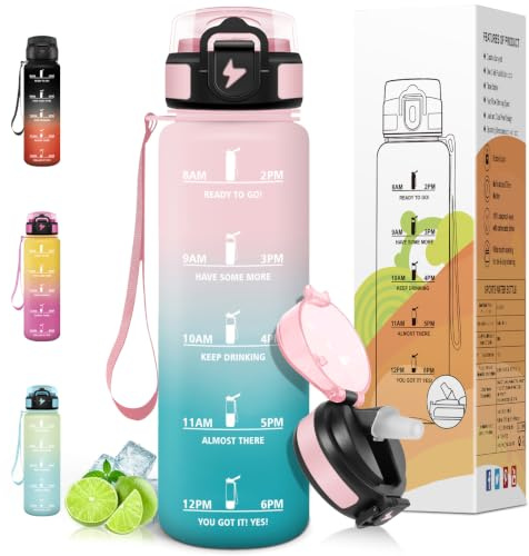 Motswedi Gourde Sport 1l, avec Paille, Bouteille d'eau, Anti-Fuite, Bouteille Plastique, Marqueur de Temps de Motivation, Gourde 1 litre pour Sport, Vélo, Randonnée, Rose & vert