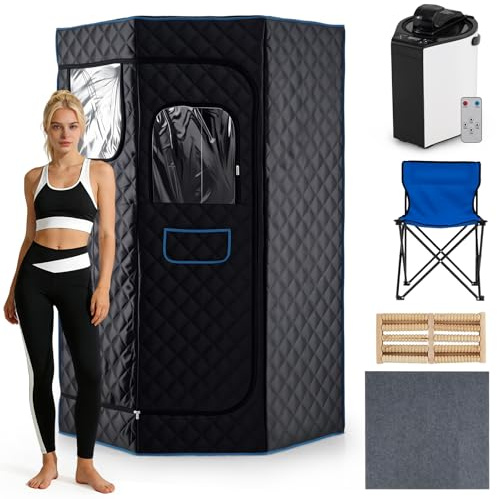 COSTWAY Sauna à Vapeur Portable 3L Pentagonale pour Maison (Noir+Bleu)