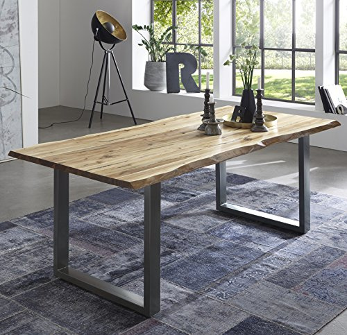 SAM Esszimmertisch 160x85 cm Quintus, echte Baumkante, naturfarben, massiver Esstisch aus Akazienholz, Metallbeine Silber, Baumkantentisch | Baumkantentisch massiv, Akazienholz naturfarben