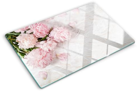 Tagliere in Vetro Temperato 80x52 cm con Piedini Antiscivolo Antigraffio Facile da Pulire con Stampe Durevole e Igienico Rettangolare Resistente al Calore da Cucina - Peonie