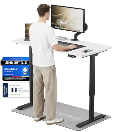 DESKSPACE PRO Elektrisch höhenverstellbarer Schreibtisch (140x70 cm) | Bürotisch mit Kollisionsschutz, Memory-Funktion, USB-Anschluss, 10 Jahre Garantie (Gestell schwarz, Tischplatte weiß)
