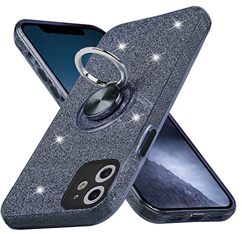 wisdompro Glitter Phone Case with Ring Kickstand for iPhone 11 - Black | Cute Bling Sparkle Protective Case with Ring Holder Stand/Grip, Women Girls Phone Case for iPhone 11 (6.1-Inch)