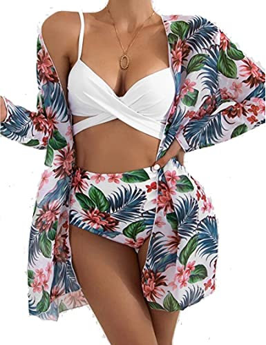 BRONG Dam High Waist-bikiniset med cover up push-up 3 delar dam baddräkter