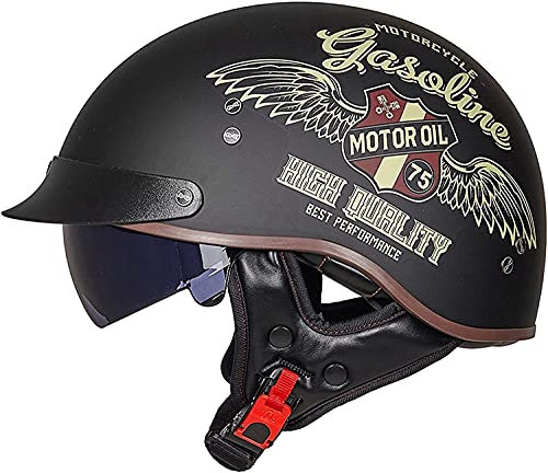 Halbhelm Motorradhelm Herren Damen Brain Cap Retro ECE Zertifizierung Motorrad Halbschale Helm Jethelm Rollerhelm Halbschalenhelm Chopper Scooter Helm Sturzhelm mit Visier O,XL=(61-62CM)