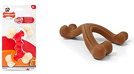 Nylabone Extreme Tough Dog Chew Toy, Double Bend Bone, Cleans Teeth, Bacon Flavour, Medium, for Dogs Up to 16 kg & Extreme Tough Dog Chew Toy, Wishbone Bison Flavour, Large, for Dogs Up to 23 kg