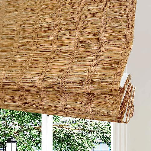 Anlocurs Cordless Bamboo Roman Shades, Custom Waven Wood Window Shades with 6 Inches Top Valance, Room Darkening Bamboo Blinds, Light Filtering Shades for Windows, French Doors, Color EX-3204
