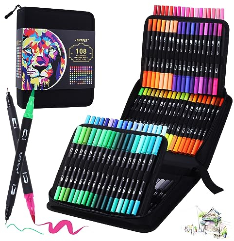 LENTPER Rotuladores Lettering 108 Colores, Punta Pincel, Doble Punta Fina, Kit para Niños y Adultos, Mandalas, Graffiti, Caligrafía, Dibujar, Acuarelables Profesionales