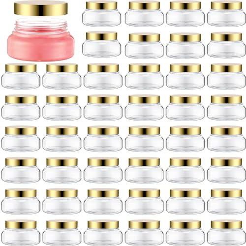 Mumufy Round Plastic Containers Plastic Jars with Lids Empty Travel Containers for Creams Refillable Cosmetic Jars for Lotions Body Scrub Body Butter(5 oz,Gold,Clear,48pcs)