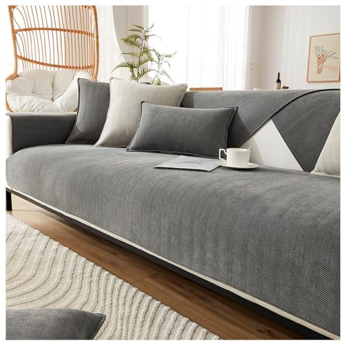 NUODWELL Herringbone Chenille Sofa Cover 1/2/3/4 Seater, Furniture Protector Couch Cover Universal Non-Slip L Shape Couch Cover Quilted Corner Slipcovers for Living Room (Dark Grey, 90 * 160cm)