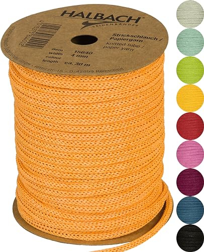 Halbach Papier-Strickschlauch, 4 mm x 30 m, orange | Befüllbares und reißfestes Schlauchgarn, für Knüpfarbeiten oder Biegen individueller Formen durch eingezogenen Draht