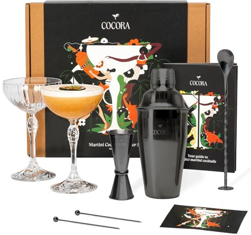 Cocora Set da cocktail | Set da 8 pezzi in acciaio inox e vetro | Martini Shaker & Bicchieri Coupe | Cocktail Book | Lussuosa confezione regalo (nero)