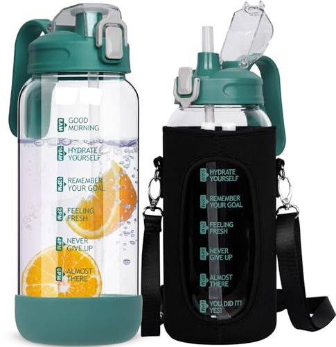 DEARRAY 1.5 litri / 1.5l Borraccia Acqua Vetro Motivazionale con Cannuccia & Orari per Bere Grande Bottiglia Vetro Caraffa Vetro Brocca Acqua Vetro Borosilicato