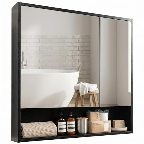HollyHOME Bathroom Mirror Cabinets, 78x75cm Medicine Cabinet with Shelf 2 Door Bathroom Cabinet Wall Mounted Toilet Storage Cupboard, Black
