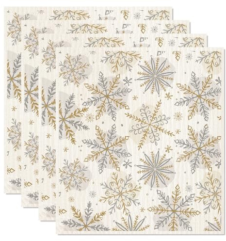 AnyDesign 4Pcs Christmas Swedish Dishcloths Gold Silver Snowflake Kitchen Towels Winter Xmas Reusable Cotton Absorbent Dish Towels for Home Party Housewarming Cleaning, 7 x 8 Inch
