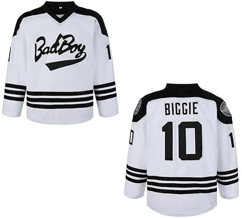 Herren #10 Smalls Bad Boy Jersey 90S Hip Hop Langarm Schwarz Weiß Hockey Trikots genäht, Weiss/opulenter Garten, 3X-Groß