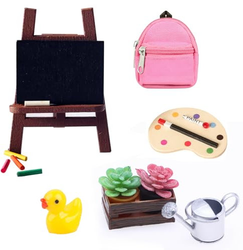 Miniatur Wichtel Zubehör Weihnachten，Mal Kunst Set Puppenhaus Zubehör Miniatur Deko，DIY Staffelei Wichtel Zubehör Set Mit Topfpflanze Gießkanne