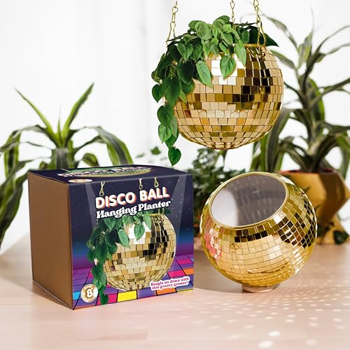 Bubblegum Stuff - Goldener Discokugel-Hängepflanzer – Hängekorb für Zimmerpflanzen, Goldkette und Rand, Kräuterpflanzgefäß, Boho-Raumdekoration, 20,3 cm