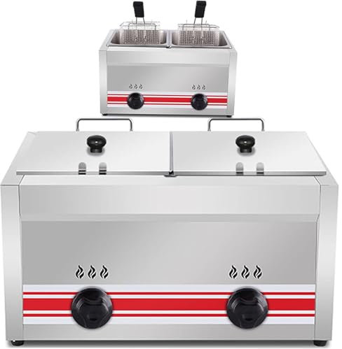 Friteuse à Double Panier, 10 L, 20 L, 30 Lcommercialprofessionnelfriteuse à Gaz Gpl De Comptoir En Acier Inoxydable2 Paniers à Frites Et Couvercles, ContrôLe De TempéRature,Doublecylinder10l+10l