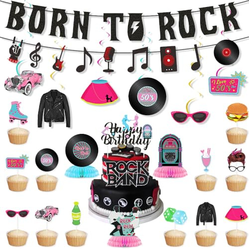 Rock-and-Roll-Party-Dekoration, Born to Rock, Wimpelkette, Deckendekoration, Wirbelschlangen, Wabenaufsätze, Kuchendekoration, Cupcake-Topper für 50er-Jahre, Rockmusik, Geburtstagsparty-Dekoration