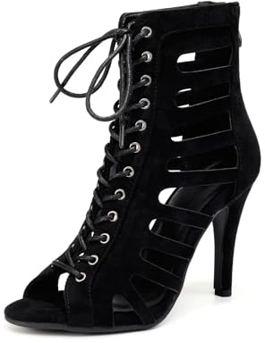 TINRYMX Botas de Baile Latino Mujer Punta Abierta Cordones Salsa y Tango de Salon,Modelo-J26