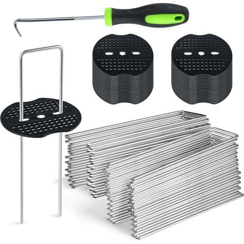 50 Grapas Jardín en U 150 x 30 mm Ø3 mm + 50 Arandelas de Fijación + 1 Gancho, Piquetas de Acero Galvanizado Antióxido para Césped Artificial, Tela Antihierbas, Malla, Lonas y Suelo Duro