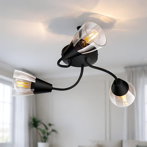 AUQUEE LED Deckenleuchte E14 3 Schwarzer Glaslampenschirm | Deckenlampe Deckenspots Deckenstrahler, Küchenlampe Wohnzimmer, Flurlampe Modern, Für Flur, Küche, Schlafzimmer