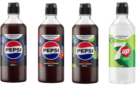 Sodastream Syrup Mixed Pack, Pepsi MAX, Cherry, Lime & 7UP Zero Fizzy Water Flavouring Syrup, Sugar Free Sparkling Drink Mix, Official Pepsi & 7UP Flavours, 4 x 440ml Multipack, Makes Up to 36L