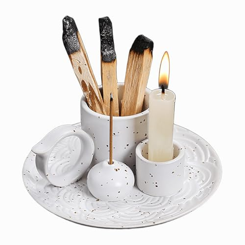 IUOUTG Soporte para Palos Palo Santo, 4 En 1 Quemador De Incienso De Cerámica, Candelero De Salvia Multipropósito, Bandeja De Ceniza para Sala De Yoga De Meditación