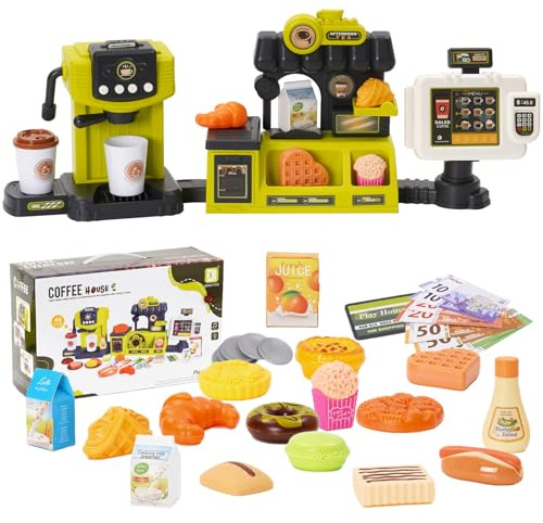 44PCS Coffee Shop Playset For Kids with Sounds & Light,Play Kitchen Accessories with Coffee Machine,Cash Register,Play Food,Toddler Afternoon Tea Party Sets,Pretend Role Play Toy,Gifts for Girls Boys