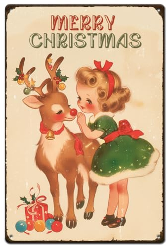 SUPERDANT Letreros de metal con motivo navideño ciervo y niña Feliz Navidad cartel de metal placas de pared divertidas póster vintage arte de pared para sala de estar dormitorio cafetería bar retro