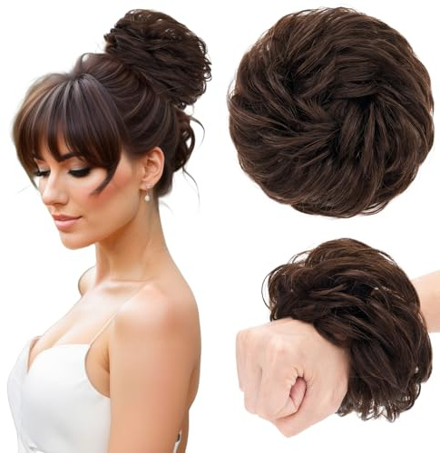 TESS Haarteil mit Gummiband Echthaar 30g, Gelockt Dutt Haarteil Haargummi mit Haaren Hochsteckfrisuren Haarverlängerung Messy Bun Haarteile für Damen Dunkelbraun