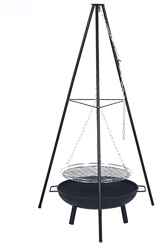 Trépied de brasero avec grille suspendue – Trépied de barbecue au charbon de bois pour jardin, camping, fête sur la plage – Chaîne réglable pour cuisson à haute température