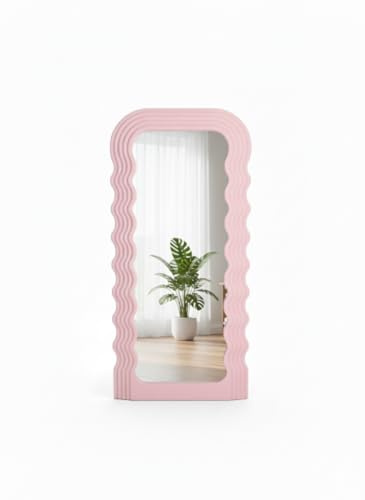 Générique Miroir Mural Grand Format Rose - Cadre Ondulé Wavy en Bois - 110x45 cm - Miroir Décoratif pour Chambre, Salon ou Entrée - Style Rétro Vintage