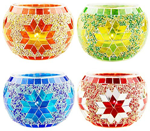 Mosaik-Teelichtgläser 4er Set– Handgefertigter Türkisches & Marokkanisches Kerzenhalter, Boho Windlichthalter Ideal für Deko, Hochzeit, Diwali, Weihnachten & Geschenk