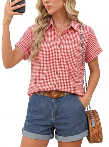 Kistore Short Sleeve Summer Tops for Women Casual Button Down Shirts Collared Striped Business Work Blouses Red Plaid Shirts M