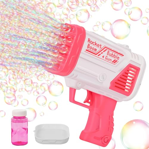 Charmofun Seifenblasenpistole, 32 Löcher Automatische Gatling Blasenmaschine, Gatling Bubble Machine, Seifenblasenmaschine Set, Seifenblasen Pistole mit LED Licht für Kinder Outdoor (Rosa)