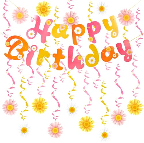 SUNBEAUTY 26 Stück Gänseblümchen Happy Birthday Girlande Frühling Hängede Papier Blumen Party Dekoration für Geburtstag Hochzeit Frühling Sommer Party Deko-Orange