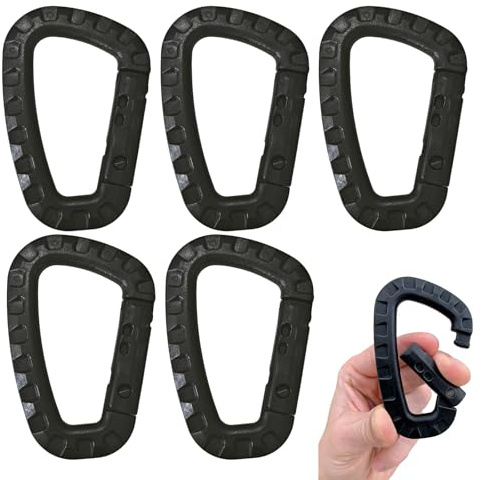 Mousquetons en Plastique – Lot de 5 – Mousqueton Tactique Militaire Noir avec Fermeture à Ressort, Léger et Polyvalent pour Camping, Randonnée, et Activités Extérieures- Forme de D, Carabiner