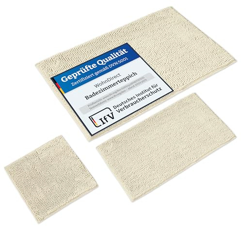 WohnDirect Badematten & Badteppiche Set 3 teilig Creme • WC Vorleger ohne Ausschnitt 45x45 + Badematte rutschfest 50x80+70x120 groß • Badvorleger rutschfest waschbar • Badezimmerteppich ÖkoTex