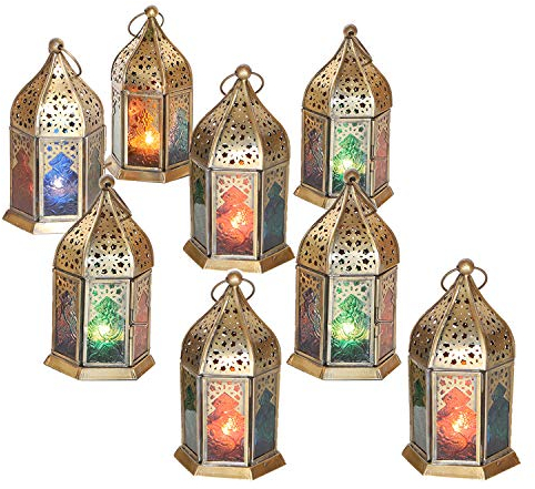 Orientalische Windlichter Nael Multi 8 Set aus Metall & mit bunten Reliefgläsern Höhe 16 cm | Marokkanische Ramadan Glaslaternen im Antik-Messing-Look für drinnen & draußen WDL1042
