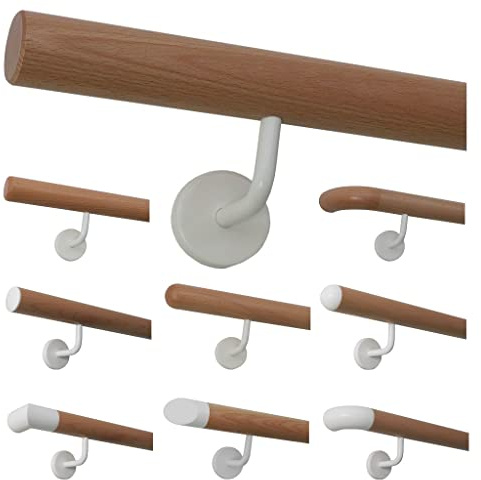 TIBU Buche Holz Handlauf Geländer weiße Edelstahl Halter 30-500cm Wandhandlauf Wand Treppe, Länge 350 cm mit 5 Halter und Endengefast