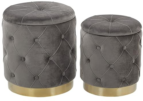 Runder Pouf im 2er Set Samt grau Ottoman Sitzpouf Chesterfield Stil Pueblo