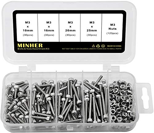 M3 Innensechskantschraube und Mutter Kombinationsbox 304 Edelstahl Mechanische Innensechskant Bolzenset 10mm 16mm 20mm 25mm 240 Stück
