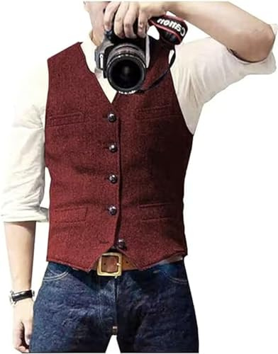 Solovedress - Gilet da uomo in lana, tessuto tweed, con motivo a spina di pesce, scollo a V, adatta per matrimoni