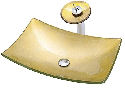SXLSZ Aufsatzwaschbecken Goldenes Glaswaschbecken Bad Waschbecken Aufsatz, Modern Handwaschbecken G?ste Wc Top-Rechteckig mit Wasserhahn